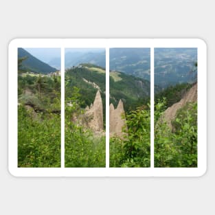 The incredible earth pyramids of Collepietra (Piramidi di Terra) in the Dolomites. Striking place. Italian Alps. Sunny spring day with no people. Valley in the background. Trentino Alto Adige. Sticker